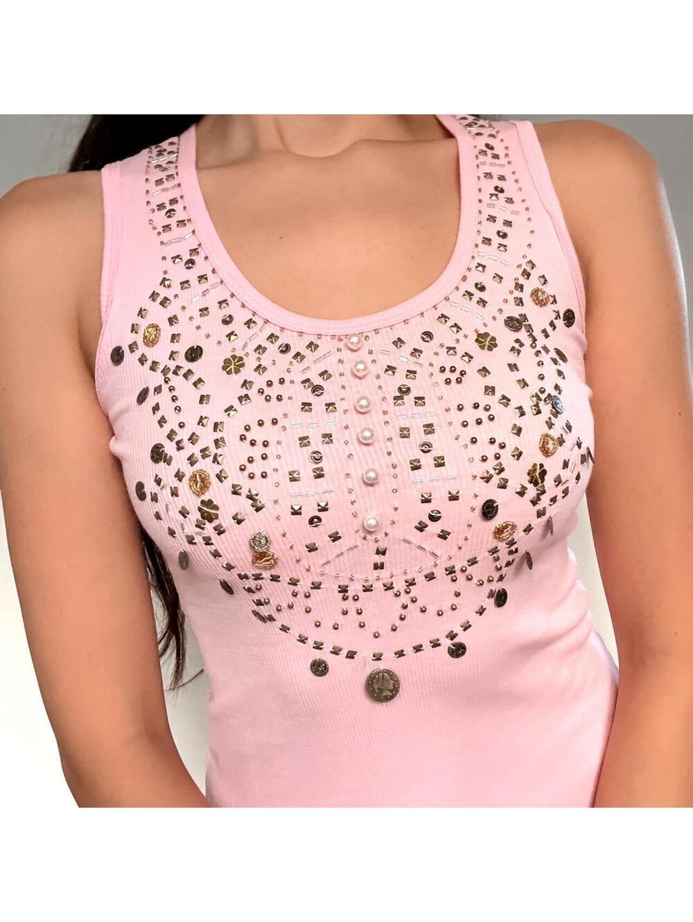 Y2K baby pink beaded tank top with gold details